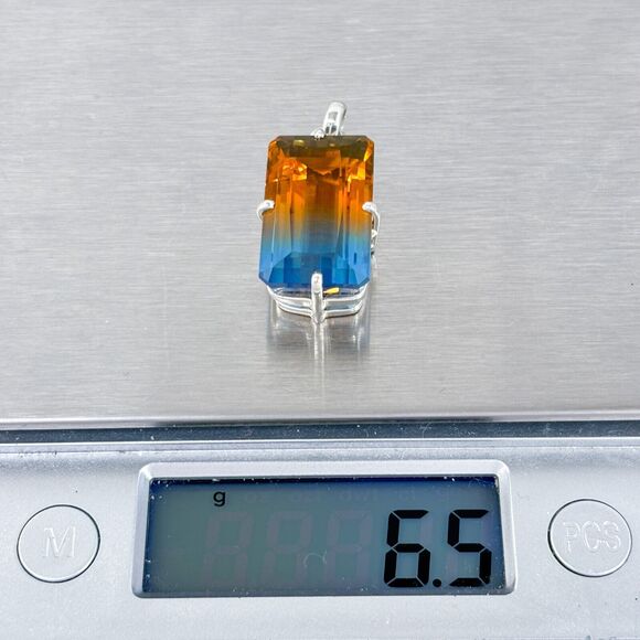 Vintage Sterling Silver 925 Orange Blue Ametrine Emerald Cut Pendant - Picture 6 of 7